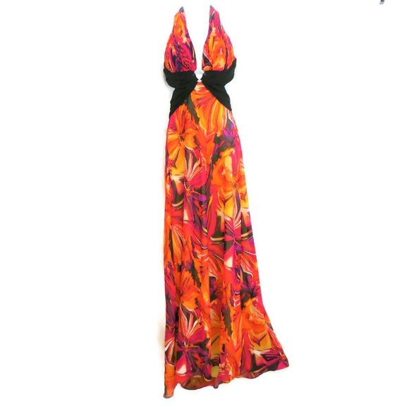 Hailey Logan Adrianna Papell Halter Dress Maxi Neon Floral Sash Backless - Picture 10 of 11